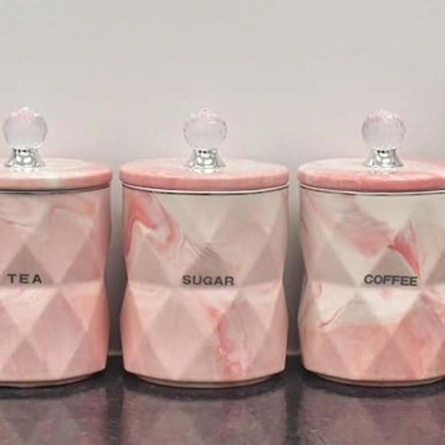 Biznest Pink Marble Design Coffee Tea Sugar Canisters Container Kitchen Jar Pots Crystal - Pink - View 1