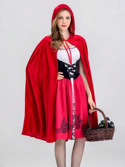 1pc Women Halloween Costume Hooded Cloak, Little Red Riding Hood Cosplay Cloak For Carnival, Christmas Party, Masquerade, Velvet Hooded Cape