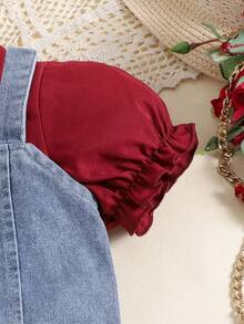 2件套女童休闲吊带背心和泡泡袖短裙套装，夏季 - 酒紅色 - 查看 6