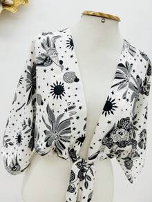KISTYLE Crepe Blouse With Batwing Sleeves And Tie - Black and White - View 2