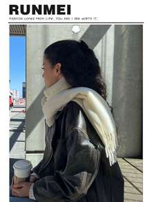 1条女士亮黄色纯色羊绒围巾，带流苏，尺寸30*180厘米，柔软披肩，适合春、夏、秋、冬四季佩戴。 - 白色 - 查看 3