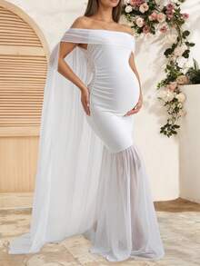 白色高开衩拉链垂褶修身露肩孕妇写真连衣裙 春季 - 白色 - 查看 2