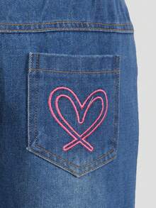 Girls' Casual Jeans, Spring/Autumn 2025 New Heart Embroidery Pocket Loose Straight Leg Pants, Versatile Wide Leg Trousers For Students