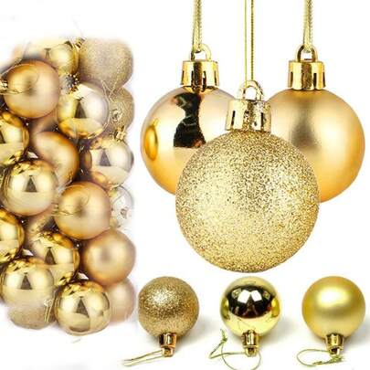48个金色圣诞球装饰吊坠，3种款式圣诞树挂饰，节日装饰礼品，圣诞礼物（注：圣诞球颜色随机发货）