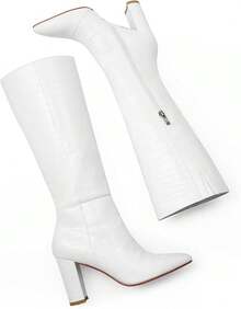 Women's Knee High Riding Boots - Tall, Long Calf High GoGo Chunky Faux Boots - Block Heel Pointed Toe - Size 6-11, Fashionable, 2025 Style - White - View 7