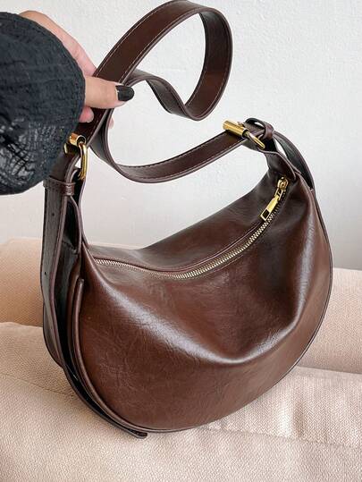 1pc Women's Leather Dumpling Shaped PU Leather Shoulder Saddle Bag, Solid Color, Adjustable Strap, Suitable For Daily Commute