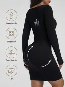 女士黑色紧身连衣裙，方领罗纹长袖修身迷你连衣裙