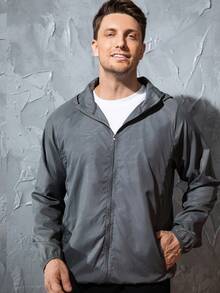 男士轻便夹克户外休闲风衣防水超轻纯色夹克骑行长袖外套 - 灰色 - 查看 14