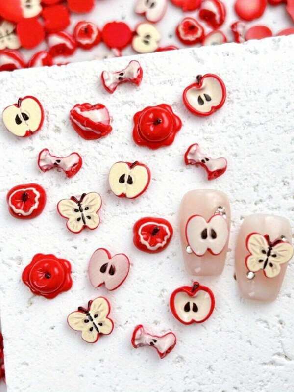 50 Stücke süße Cartoon rote Apfel-förmige 3D Harz Nagel Dekoration - verschiedene Stile, leuchtende Farben, handgemachtes DIY Nail Art Zubehör für Maniküre & Pediküre, Nagel Dekoration und Accessoires, Maniküre Verzierungen, verspieltes Design, detaillierte Handwerkskunst