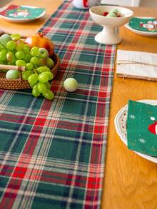 1 szt. bieżnik na stół w zieloną kratę "Wesołych Świąt", w starodawną zieloną kratę, gruba szczotkowana tkanina, nadaje się do kredensu, szafki, nadaje się do prania, do wystroju kuchni, jadalni, salonu, na imprezy, Boże Narodzenie, Nowy Rok