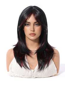 16英寸长直发假发，带刘海，酒红色，女士合成假发，适合女孩日常和派对佩戴，黑色耐热长卷发 - 挑染紅色 - 查看 3