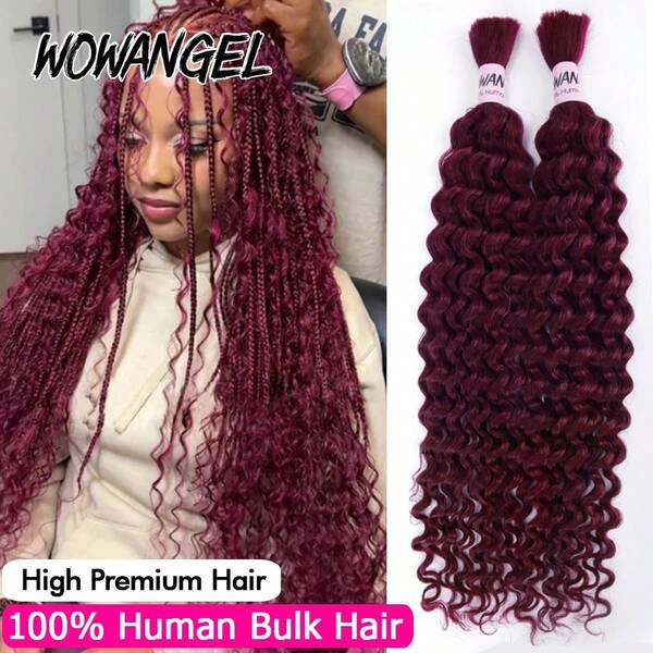 WOWANGEL 99j Burgundy Red Bulk Human Hair Deep Wave Hair Bundles Seamless Virgin Hair Bundles Burmese Human Hair Bundles Wine Red Hair Bundles Dyed Wavy Hair Bundles
