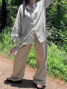 复古小众风褶皱格纹长袖Polo衫女式休闲外套白色春季款 - 白色 - 查看 3