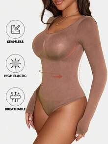 Women's Solid Color Casual Ribbed Long Sleeve Bodysuit Summer Elegant - Khaki - View 4