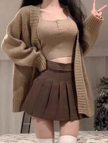 Chaqueta de punto de las mujeres chaqueta de tweed mujer otoño e invierno suelto perezoso viento delgado cardigan jumper versátil suéter de punto tops - Camel - Ver 2