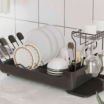 Super life 1 buc. Suport multifuncțional pentru boluri și vase, suport antirugină pentru uscare a vaselor (cu tavă de scurgere), economisitor de spațiu, suport de depozitare pentru bucătărie, suport pentru uscare a vase negru/alb (potrivit pentru blatul de bucătărie), suport pentru boluri și scurgătoare de vase pentru blat de bucătărie (cu tavă de scurgere)