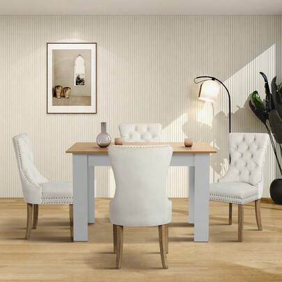 SUN YEE 5PCS Dining Table Set, 160cm Extendable Wooden Kitchen Table Set For 4, Velvet Upholstered Dining Chairs With Extra Padded Back, Kitchen Furniture Set For Home Breakfast, Beige