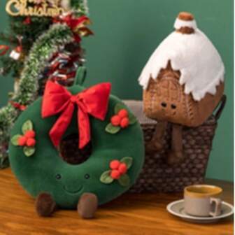 可爱圣诞树、花环、雪屋毛绒抱枕、儿童毛绒娃娃靠垫、圣诞节活动派对家居客厅卧室装饰、生日礼物娃娃