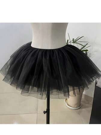 1pc Black & White Solid Color Sexy Polyester 28cm Lolita Short 4-Layer Soft Tulle Petticoat Skirt, Bone-Free Fluffy Skirt, Suitable For Maid Cosplay, Daily Wear, All Seasons Fall Clothes For Women