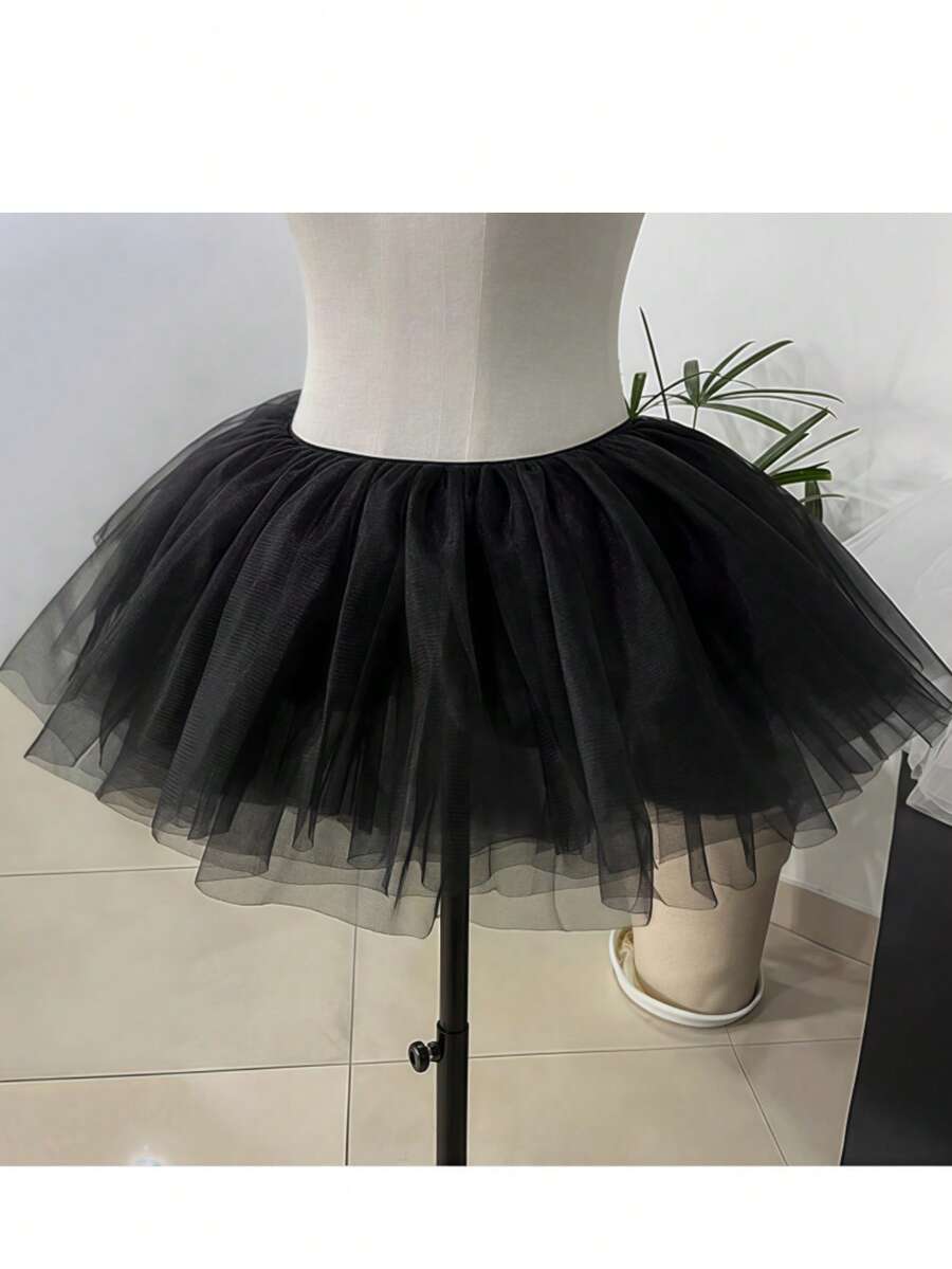 1pc Black & White Solid Color Sexy Polyester 28cm Lolita Short 4-Layer Soft Tulle Petticoat Skirt, Bone-Free Fluffy Skirt, Suitable For Maid Cosplay, Daily Wear, All Seasons Fall Clothes For Women