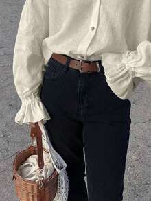 2026春夏新款休闲优雅荷叶边灯笼袖纽扣前襟衬衫，女士优雅上衣，适合音乐节、毕业典礼、夏季假期、春季、海滩、度假、休闲女装、女士派对、生日、Y2K风格等场合。 - 淡杏色 - 查看 5