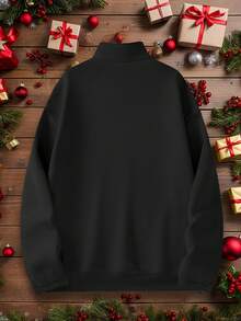 Plus Size Men's Personalized Christmas Customized Sweatshirt, Santa Claus Print, Supports Name Customization, Half-Zip Casual Top, Christmas Gift, Long Sleeve Top - Black - View 3
