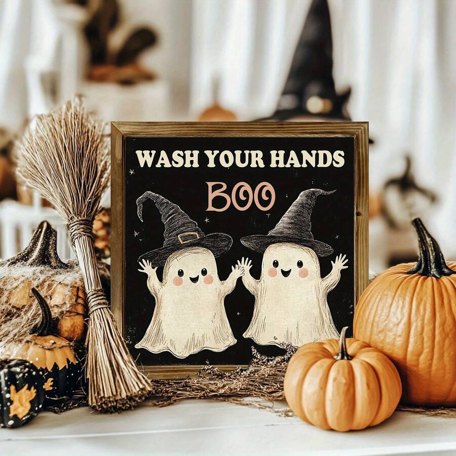 Charming "Wash Your Hands" Theme Halloween Wooden Sign | Rustic Style 20.32x20.32 Cm Framed Decor, Featuring Cartoon Ghosts And Pumpkins | Durable, Fade-Resistant, Suitable For Home, Bathroom, Living Room | Ideal Autumn Gift And Halloween Decoration - Multicolor - View 1