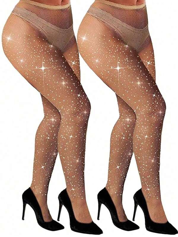 2pcs Plus Size Women's Rhinestone Embellished Apricot Fishnet Tights, Stretchy Skinny Mesh Stockings, Shiny Clubwear, Gothic Fashion, Versatile For All Seasons
