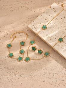 TONSI 一套时尚简约18K镀金不锈钢四叶草项链、手链、耳环首饰套装，适合女性日常佩戴和约会，五叶草贝壳项链 - 金色 - 查看 10