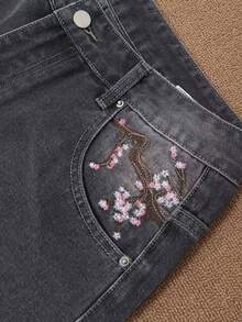 Y2K Rock Hip Hop Vintage Jeans, Loose Wide Leg Retro Jeans With Cherry Blossom Embroidery, Floral Embroidered Pocket Light Wash Pioneer Fashion Jeans - Grey - View 4