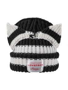 1pc Women's Knitted Hat, Cute Cat/Rabbit Ear Design, Warm Beanie Cap, Suitable For Autumn/Winter Everyday & Outdoor Use (Slight Variation In Stripe Placement) - Multicolor - View 4