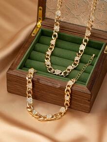 Set de collar y pulsera con cadena de metal con diamante en forma de corazón, elegante y de moda, adecuado para uso diario de mujeres y como regalo - Amarillo Oro - Ver 2