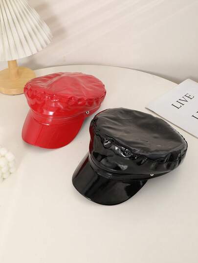1pc Women's Black & Red Shiny Leather Waterproof Rivet Punk Style Flat Top Newsboy Cap, Suitable For Parties, Performances, Shopping, And Photo Shoots