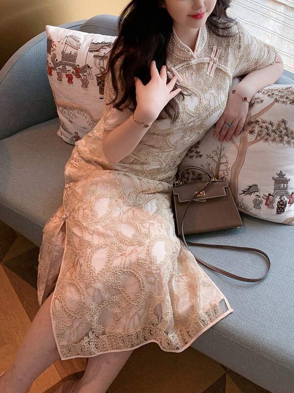 GLEC Plus Size Women's Solid Color Lace Pearl Cheongsam Dress, Suitable For Wedding, Stage Performance, Formal Dinner Party In Summer