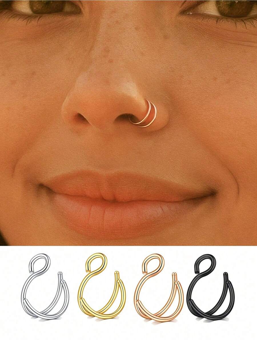 3Pcs/1Pc Women Fake Nose Ring Faux Piercing Jewelry 8Mm Fake Nose Ring Hoop For Faux Lip Nose Ring Set Fake Lip Ring Lip Nail New Daily Party
