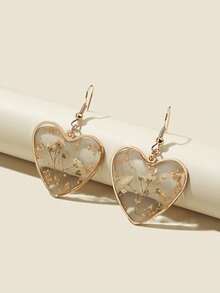 Flower Design Heart Charm Drop Earrings Valentines - Clear - 查看 1