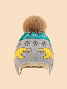 1 peça chapéu de bebê de malha com estampa de dinossauro e pompom, adorável e moderno, macio e confortável, quente para bebês de 1 a 2 anos no outono/inverno