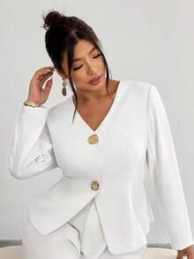 Blazer da donna oversize con scollo a V, chiusura con bottoni e orlo asimmetrico, leggero