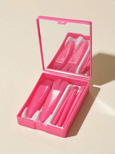 5件套便携式化妆刷套装，带镜子，盒装化妆刷套装，多功能散粉刷，腮红刷（带镜盒），迷你多功能散粉刷，粉底刷，眼影刷，晕染刷，美妆工具套装