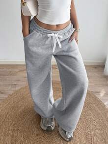 女士休闲韩版纯色抽绳口袋运动运动裤，休闲 - 灰色 - 查看 4