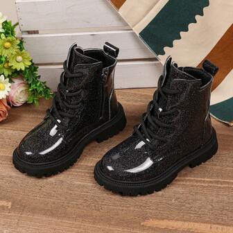 1 par utomhus- och fritidsstövlar i tvåfärgat glänsande läder för barn, snörning fram, dragkedja i sidan, rund tå, mjuka, platta, halkfria, bekväma vandrings- och campingstövlar till halva vaden, lämpliga för 3-12 år gamla pojkar och flickor, höst/vinter nya