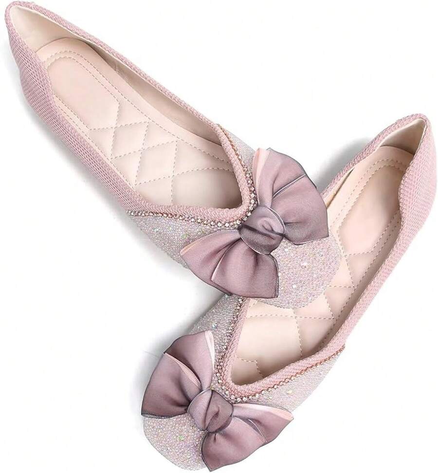 SAILING LU Square Toe Flats Shoes Rhinestoned Bowknots Ballet Flats For Women Studded Dress Shoes Comfort Light Weight LoafersChristmas - 粉紅色 - 查看 1