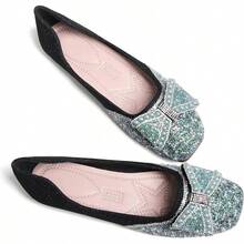 SAILING LU Square Toe Flats Shoes Rhinestoned Bowknots Ballet Flats For Women Studded Dress Shoes Comfort Light Weight LoafersChristmas - G-黑色 - 查看 10