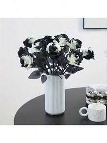 10pcs Artificial Black And White Roses Bouquet, Plastic Gothic Fake Flowers For Wedding, Halloween Decor Realistic Rose Stem For Home Office Display