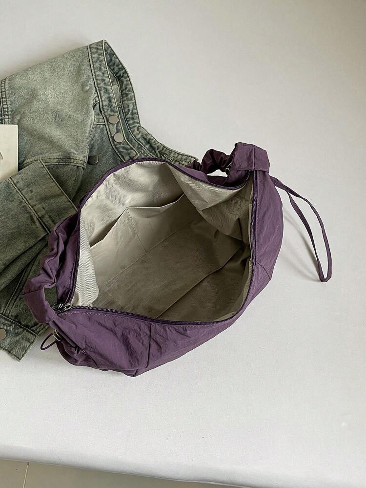 1 pieza Bolso de hombro tipo hobo de estilo bohemio, de tela de nailon con múltiples bolsillos, con pliegues y cordón, suave y holgado, adecuado para compras, ir al trabajo y uso diario de las mujeres, estilo japonés, atuendo bohemio para mujer, color morado, playa - Bold Plum - Ver 6