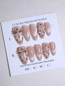 10 Stück mandelförmige, elegante, glänzende khakifarbene Katzenaugen-Handgefertigte Aufklebe-Nägel mit Punkten & Schleifen, süß und wunderschön im koreanischen & japanischen Stil, Nagelkunstdesign, wiederverwendbare Fake-Nägel, DIY-Nagelpflege für alle Jahreszeiten - Khaki - Übersicht 6