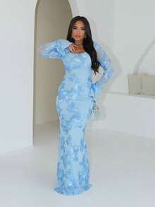 Autumn And Winter Backless Flared Sleeves Wrapped Around Buttocks Sexy Fashion Sexy Slim Fit Dress - Màu xanh lam - Xem 1