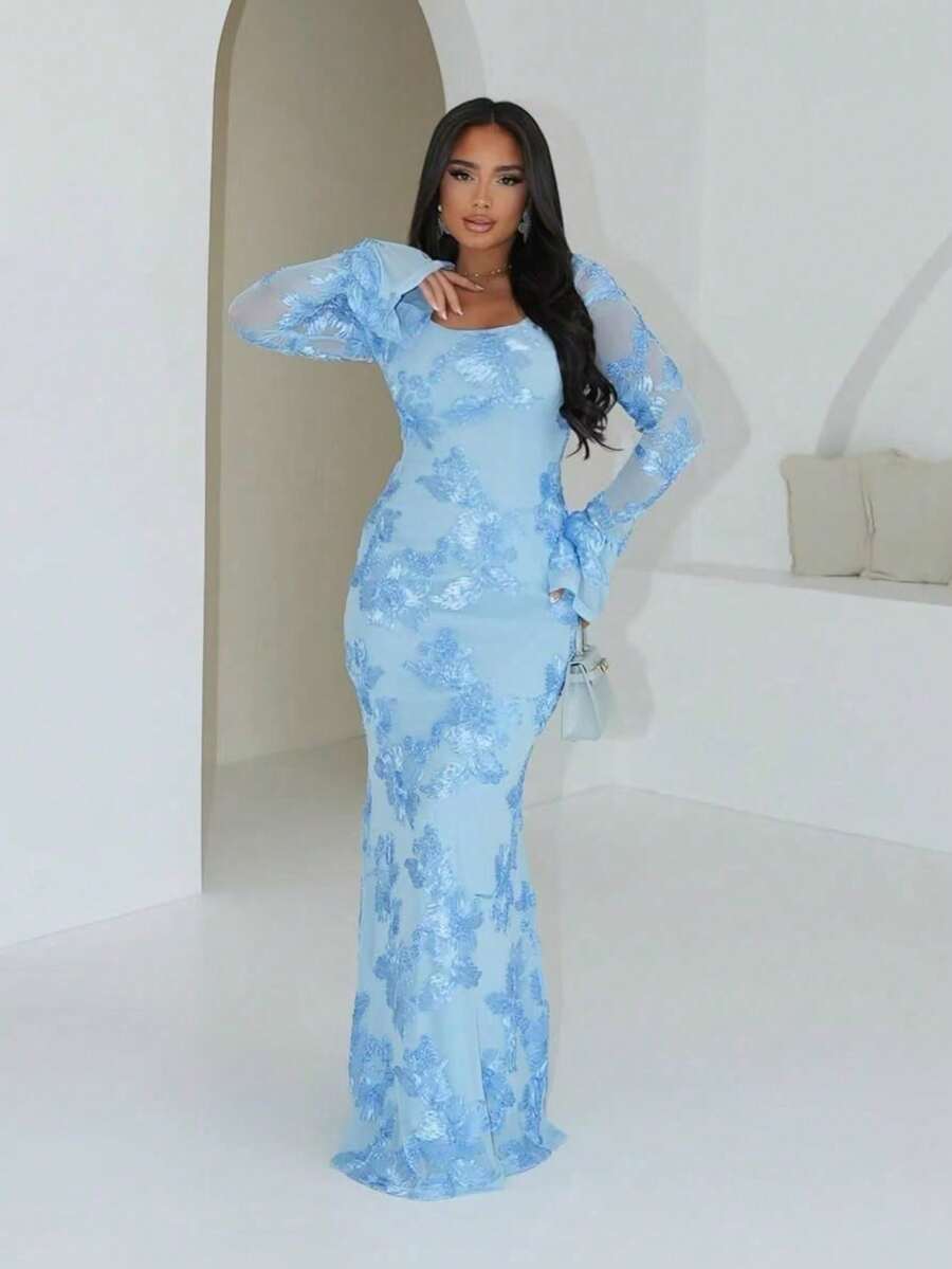 Autumn And Winter Backless Flared Sleeves Wrapped Around Buttocks Sexy Fashion Sexy Slim Fit Dress - Màu xanh lam - Xem 1