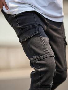男士弹力黑色经典修身牛仔裤，男士弹力黑色破洞牛仔裤 - 黑色 - 查看 5