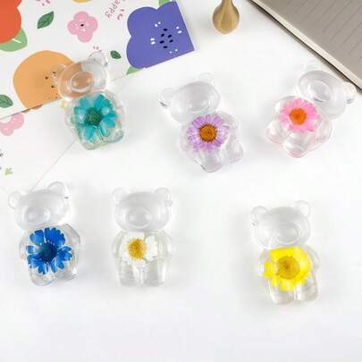 1개 - 창의적이고 정교한 투명 꽃 곰 에어백 휴대폰 홀더 - 끈적이는 개폐식 홀더 - 일상적인 데스크탑 지원 스탠드 - 휴대용 및 실용적